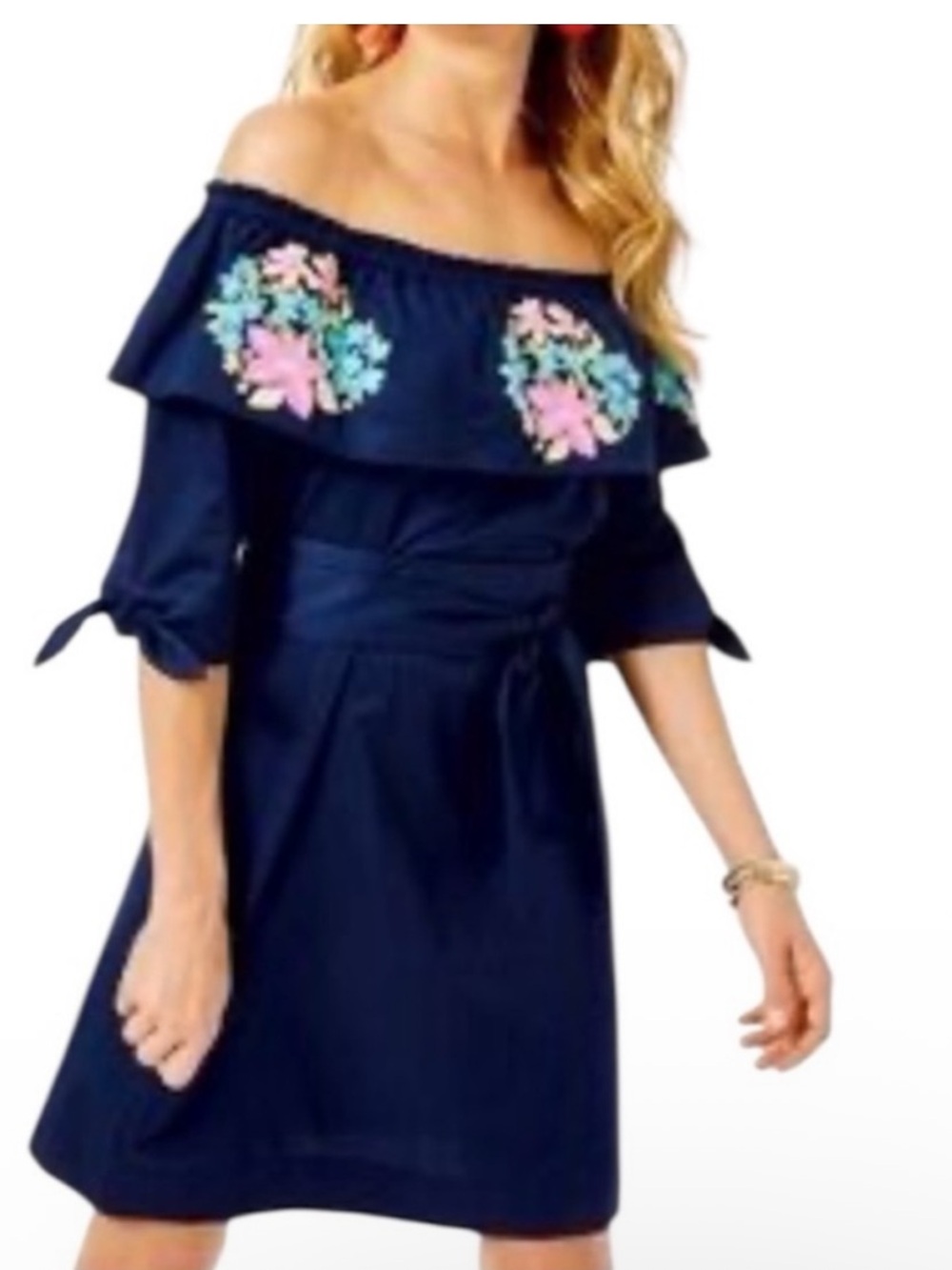 Lilly Pulitzer Embroidered Vanessa Dress Off Shoulder Shift True Navy summer